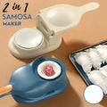 2 in 1 samosa and dumpling maker tools in cream and blue colors with prepared dumplings