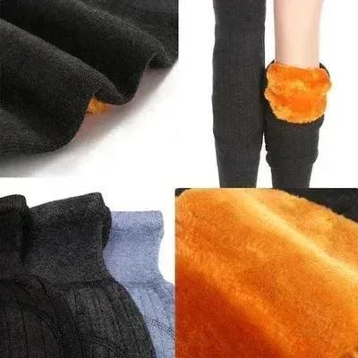 Warm winter thermal leggings with soft orange fleece lining in black and blue colors