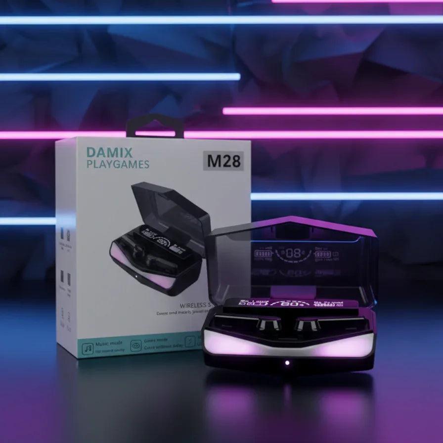 Damix Playgames M28 wireless earbuds with charging case and packaging against a neon background