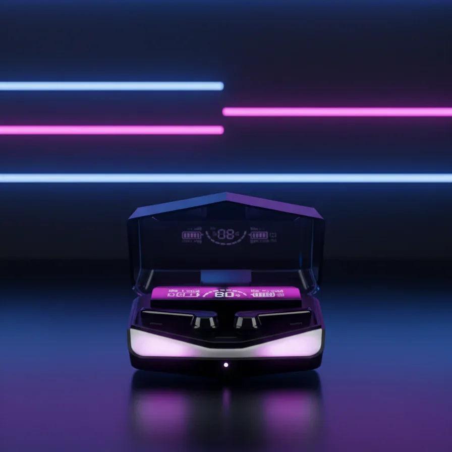 Wireless earbuds in a charging case with a digital battery display and neon lighting.