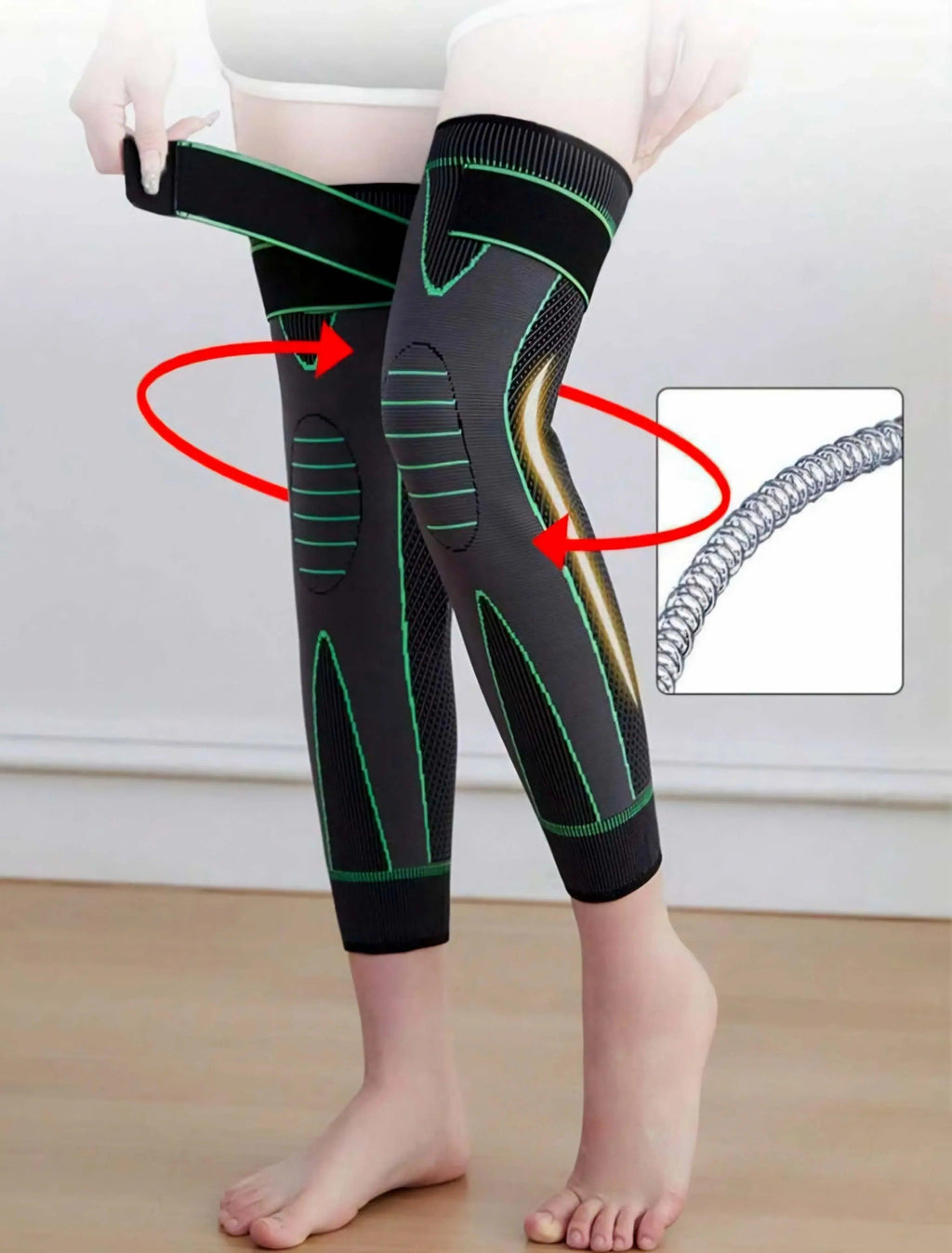 Black compression knee support sleeve with green accents and spring stabilizer for joint pain