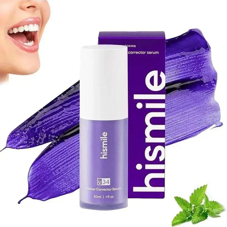 Hismile V34 Colour Corrector Serum for teeth whitening with purple serum swirl and mint leaves