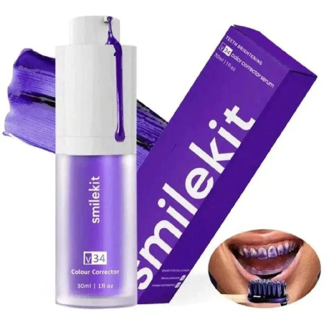 Smilekit V34 Color Corrector Serum for teeth brightening with bottle and purple packaging